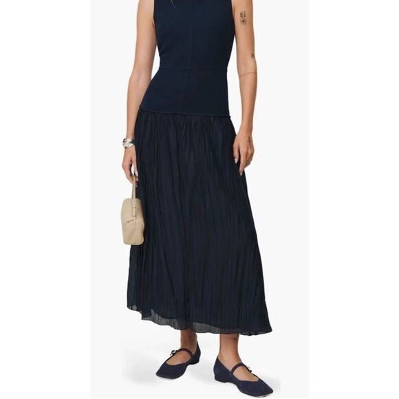 Reformation Cyra dropped waist pleated skirt dress midnight navy blue Size 12 - Picture 2 of 7